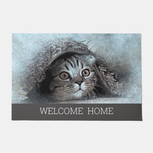 Felpudo Personalizado Foto gato gatito bienvenido gris de  (Anverso)