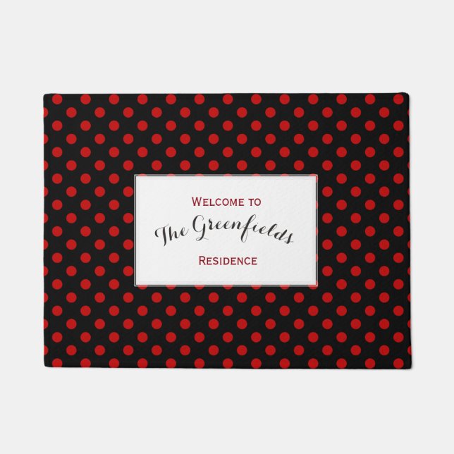 Felpudo Personalizado Polka Dot Fondo negro rojo (Anverso)