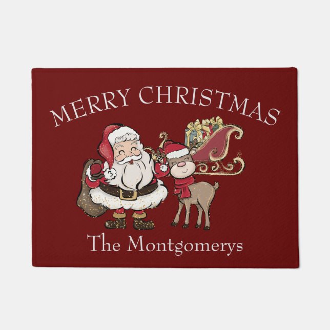 Felpudo Personalizado Santa y Rudolph los renos en Borgoña (Anverso)