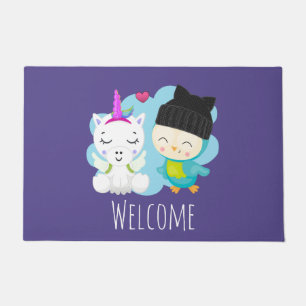 Felpudo Personalizados felinos: unicornio y pájaro felices