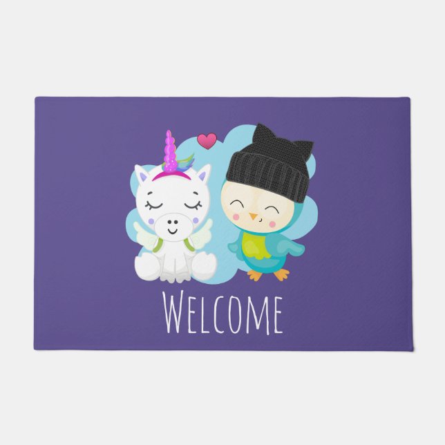 Felpudo Personalizados felinos: unicornio y pájaro felices (Anverso)