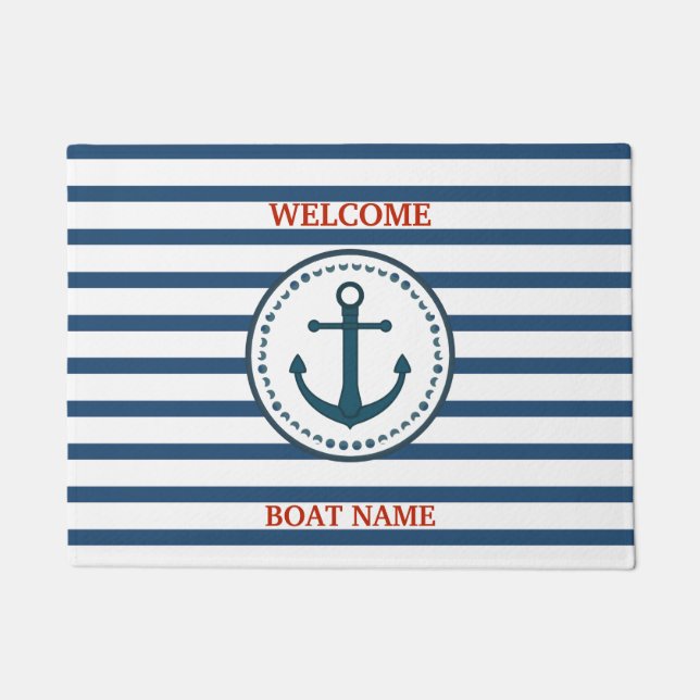 Felpudo Personalize Nautical Blue Welcome Boat Name Stripe (Anverso)