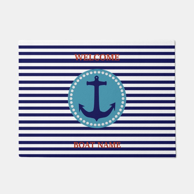 Felpudo Personalize Nautical Blue Welcome Boat Name Stripe (Anverso)