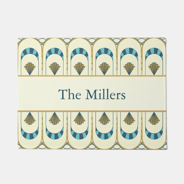 Felpudo Personalized Art Deco Teal & Gold Geometric (Anverso)