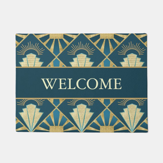 Felpudo Personalized Art Deco Teal & Gold Welcome (Anverso)