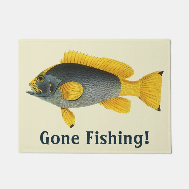 Felpudo Pescado azul y amarillo vintage, vida marina (Anverso)