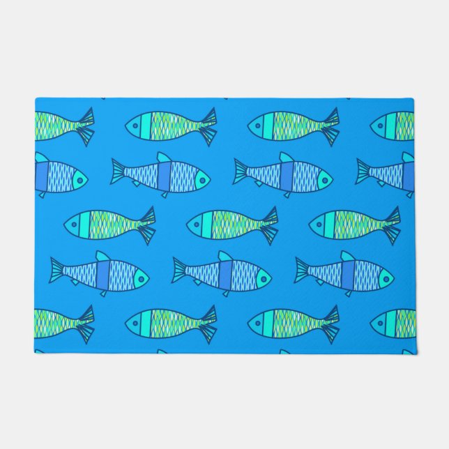 Felpudo Pescado retro moderno, azul turquesa y azul cerule (Anverso)