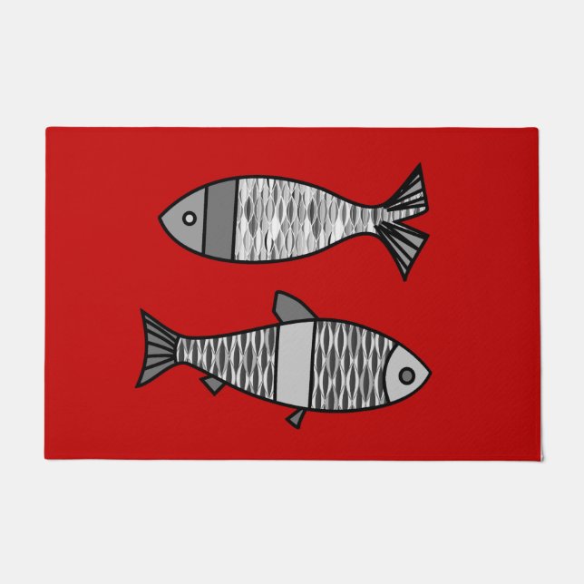 Felpudo Pescado retro moderno, rojo profundo y gris / gris (Anverso)