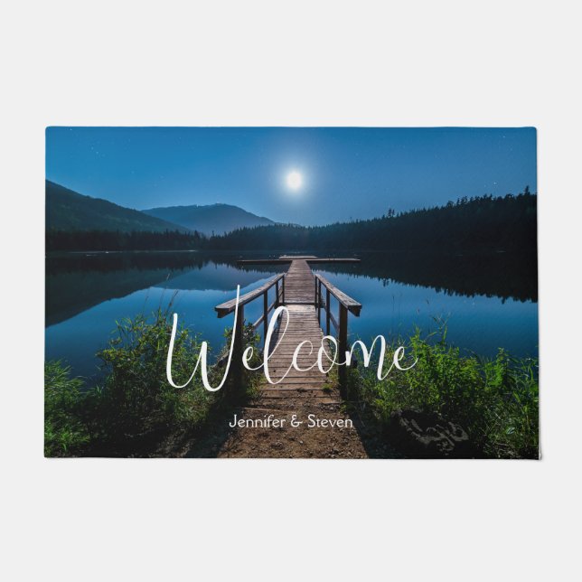 Felpudo Pier de noche bajo una bienvenida en plena luna (Anverso)