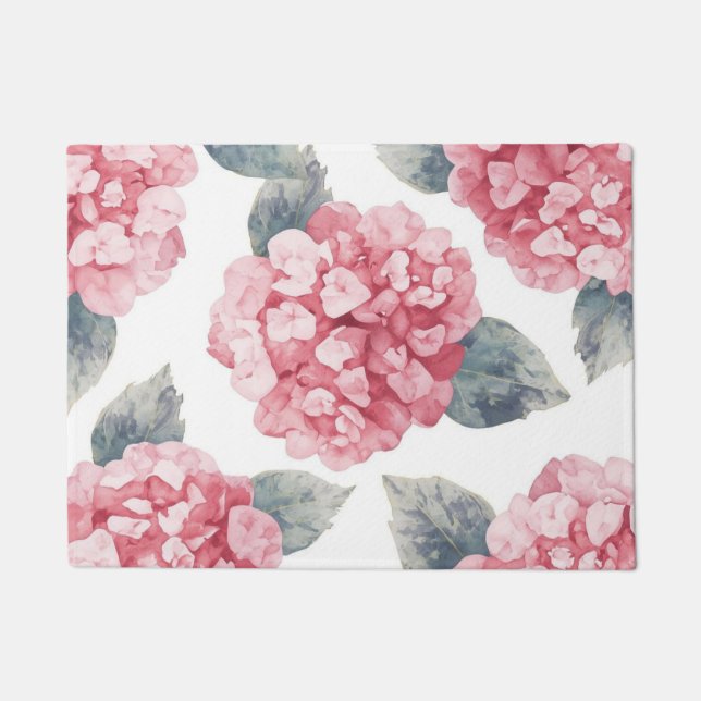 Felpudo Pink Hydrangeas Watercolor Floral Blooms Painting (Anverso)
