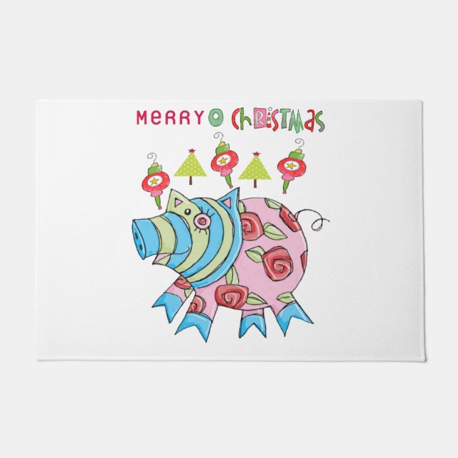 Felpudo Pink Pig Merry Christmas Matt Doormat (Anverso)