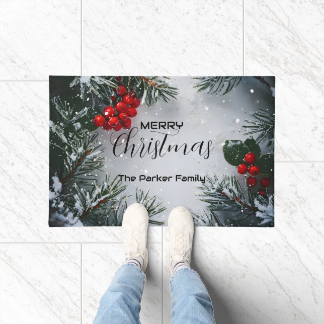 Felpudo Pino cubierto de nieve, Holly Berries, sin foto (Interior)