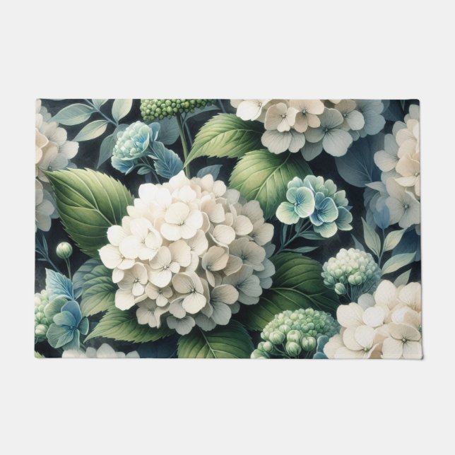 Felpudo Pintura botánica de Hydrangea blanca (Anverso)