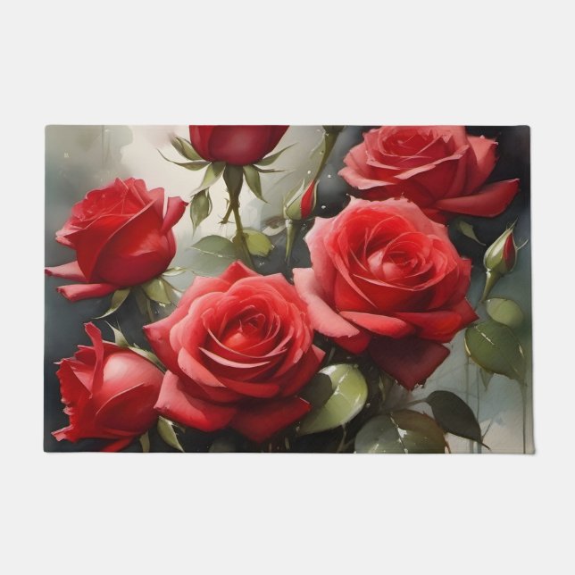Felpudo pintura de acuarela de rosas rojas bonitos (Anverso)