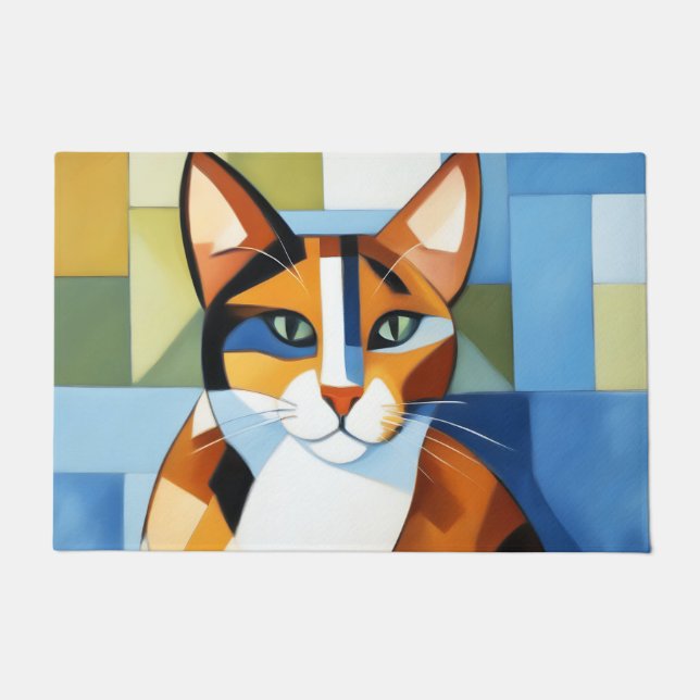 Felpudo Pintura de arte Gato cubista calico (Anverso)