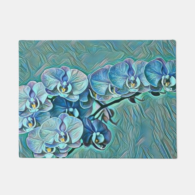 Felpudo Pintura de flores de orquídea azul púrpura lindo (Anverso)