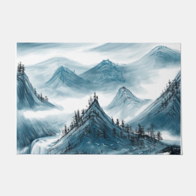 Felpudo Pintura de las Montañas Chinoiserie Blue Classic (Anverso)