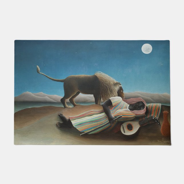 Felpudo Pintura de león gitano durmiente de Henri Rousseau (Anverso)