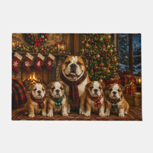 Felpudo Pintura de Navidad de Bulldog con 4 Cachorros