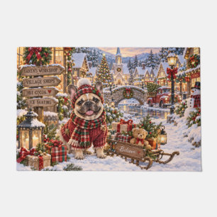 Felpudo Pintura de pueblo nevado de Navidad con Bulldog Fr