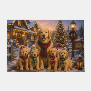 Felpudo Pintura del pueblo navideño del Golden Retriever