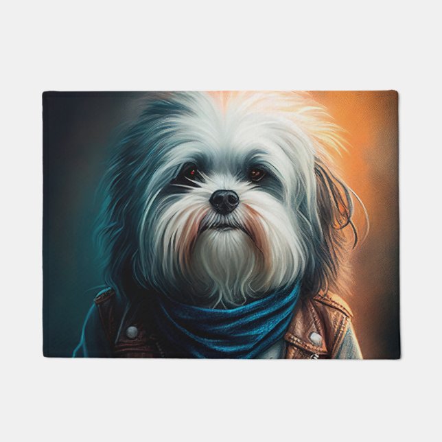 Felpudo pintura digital de perro Havanese en bicicleta  (Anverso)