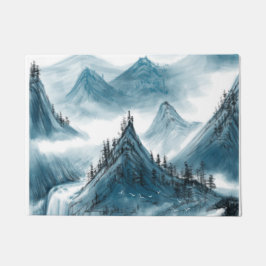 Felpudo Pintura panorámica de las montañas azules retro