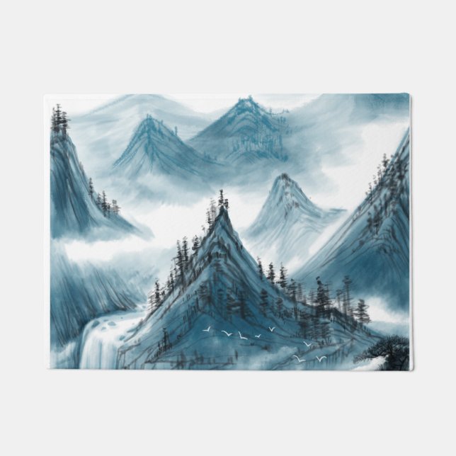 Felpudo Pintura panorámica de las montañas azules retro (Anverso)