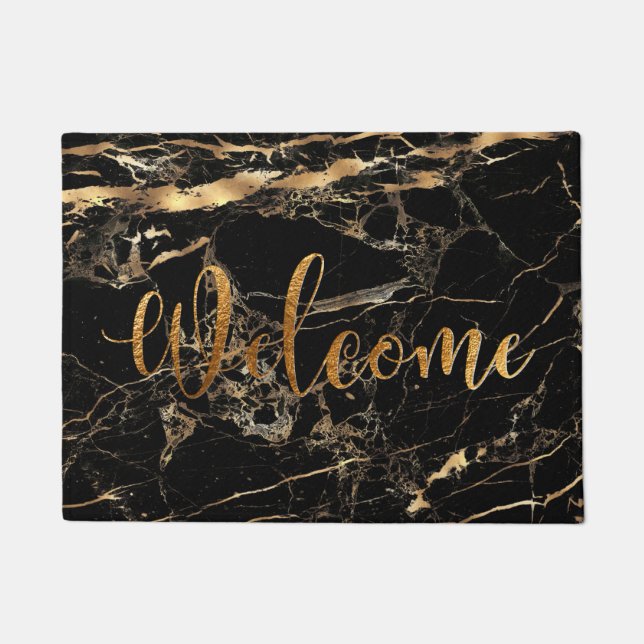 Felpudo PixDezines BLACK MARBLE FAUX GOLD VEINS, BIENVENID (Anverso)