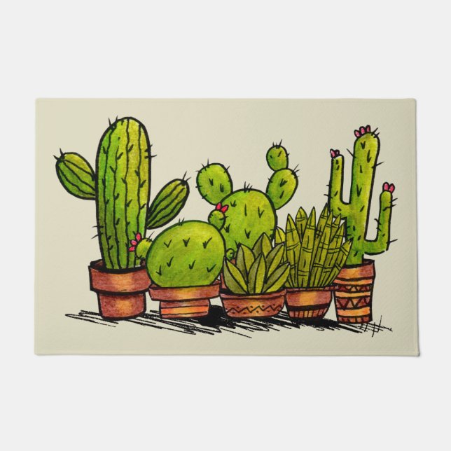 Felpudo Plantas de cactus verde acuarela (Anverso)