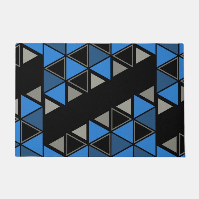 Felpudo Plata azul de triángulos geométricos retro (Anverso)