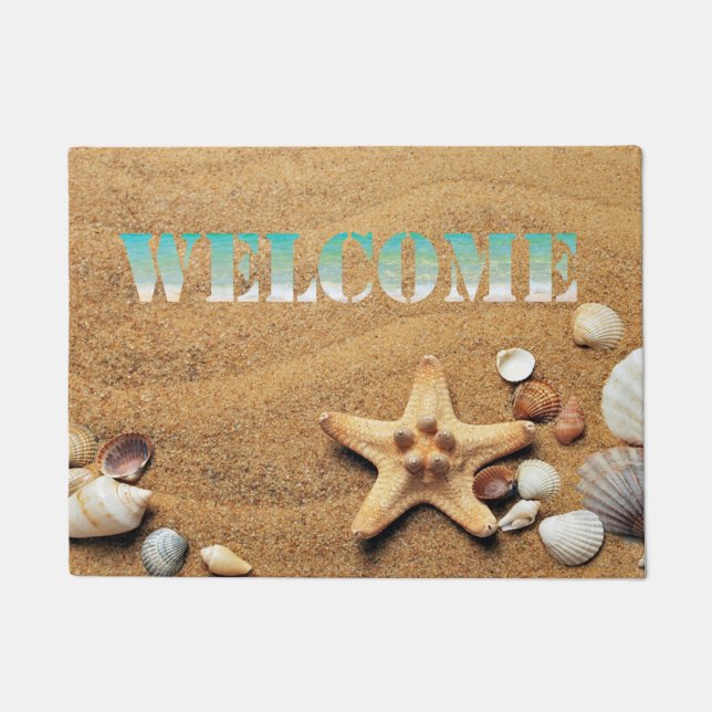 Felpudo Playa, Arena, Estrella de mar, Concha, Bienvenido (Anverso)