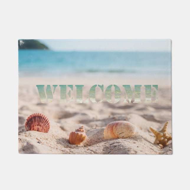 Felpudo Playa, Océano, conchas marinas, bienvenida (Anverso)