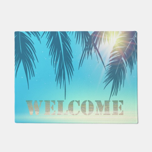 Felpudo Playa Tropical, Hojas de Palma Bienvenidos (Anverso)