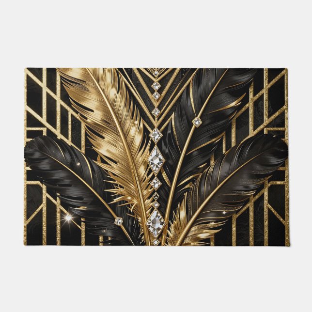 Felpudo Plumas Art Deco Negro Oro (Anverso)