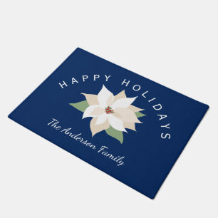 Felpudo Poinsettias Blancas, Felices Fiestas, Personalizad