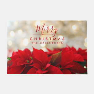 Felpudo Poinsettias rojas con Bokeh dorado Feliz Navidad