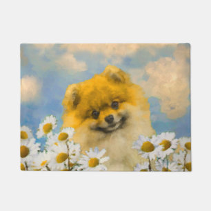 Felpudo Pomeranian en las margaritas que pintan - arte