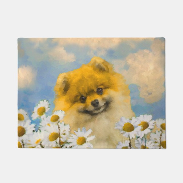 Felpudo Pomeranian en las margaritas que pintan - arte (Anverso)
