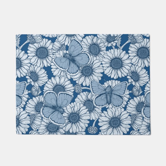 Felpudo Primavera azul, flores silvestres, margaritas (Anverso)