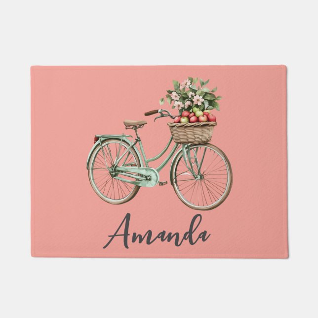 Felpudo Primavera Bicicleta Manzanas Verdes Rosa (Anverso)