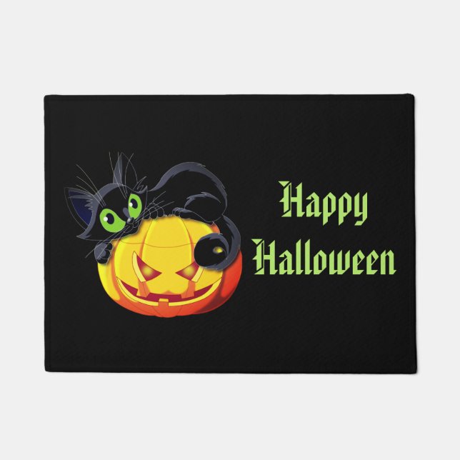 Felpudo Puerta de Halloween Mat-Cat/Calabaza (Anverso)