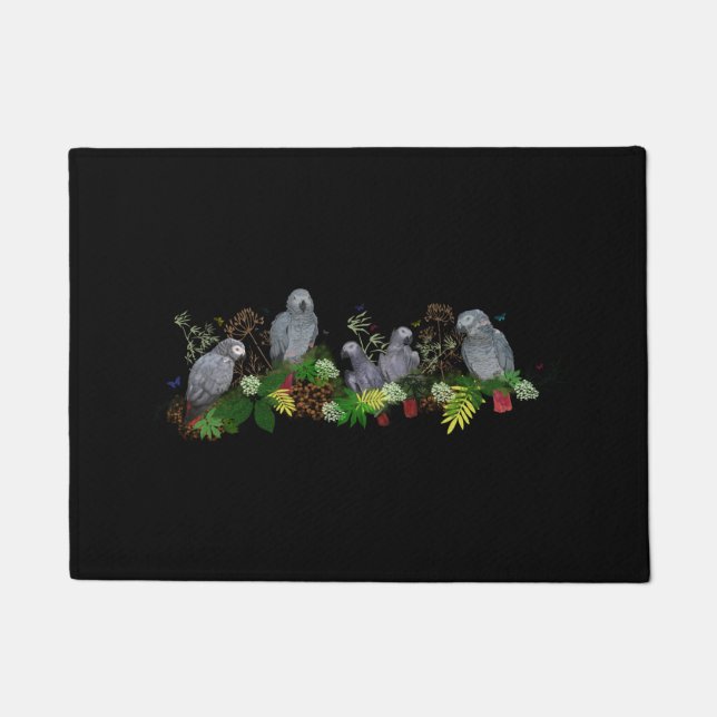 Felpudo Puerta Mat (negro), Fiesta de loro gris africano (Anverso)