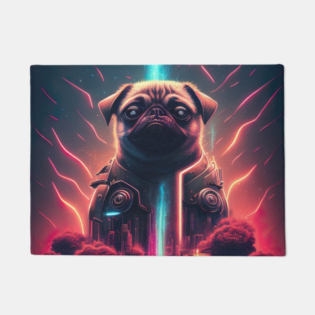 Felpudo Pug Adorable con Disfraz de Robot Futurista (Anverso)