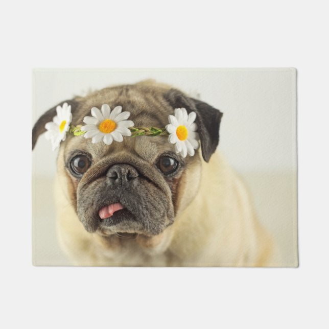 Felpudo Pug con la corona de margarita (Anverso)