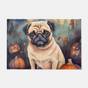 Felpudo Pug de Halloween con calabazas espeluznante 