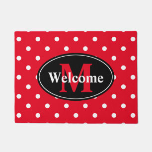 Felpudo Puntos de polka en rojo y blanco personalizados