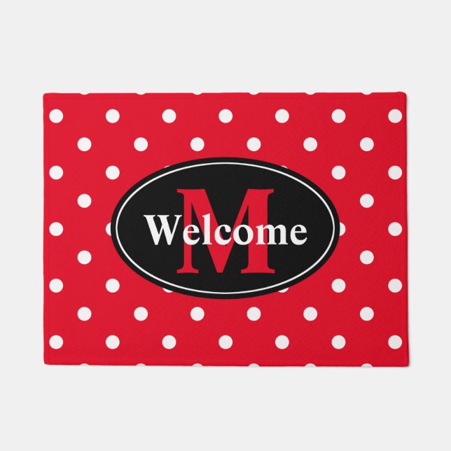 Felpudo Puntos de polka en rojo y blanco personalizados (Anverso)
