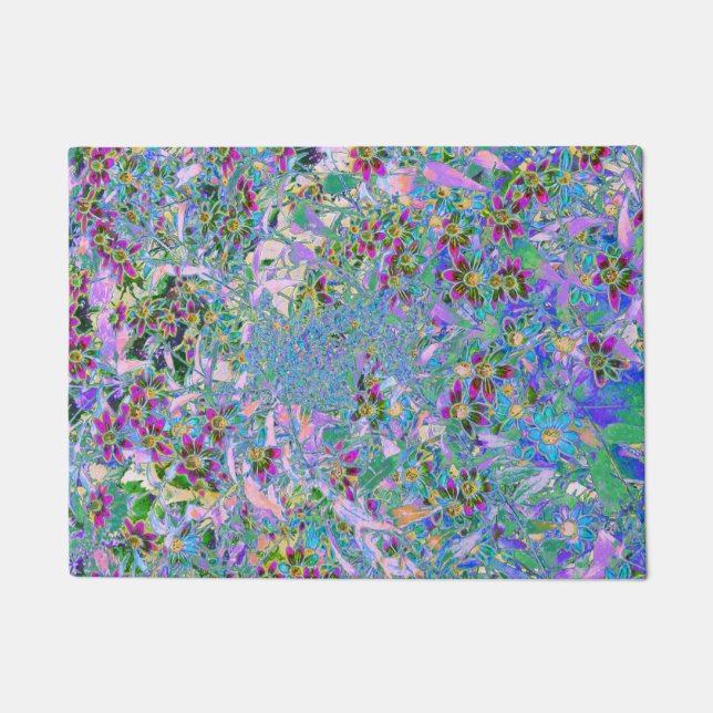 Felpudo Púrpura Retro, Flores salvajes verdes y azules en  (Anverso)