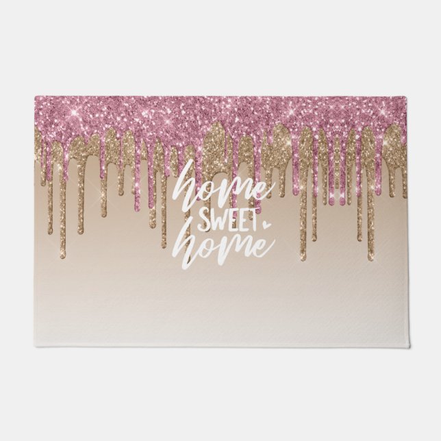 Felpudo Purpurina de goteo rosa y marrón | Hogar dulce (Anverso)